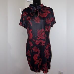 Chinese dragon print black and Red Sheath Dress with Mock Neck